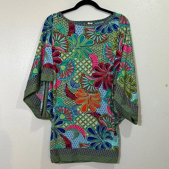 Trina Turk unique sleeved olive green/cranberry/ orange multi-colored top. Sm. - Picture 1 of 11